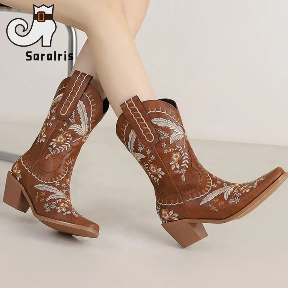 Hot Autumn Winter 2023 Hot Fashion Embroidery Western Boots Pointed Toe Comfort Thick Heels Vintage Ladies Women Cowboy Boots