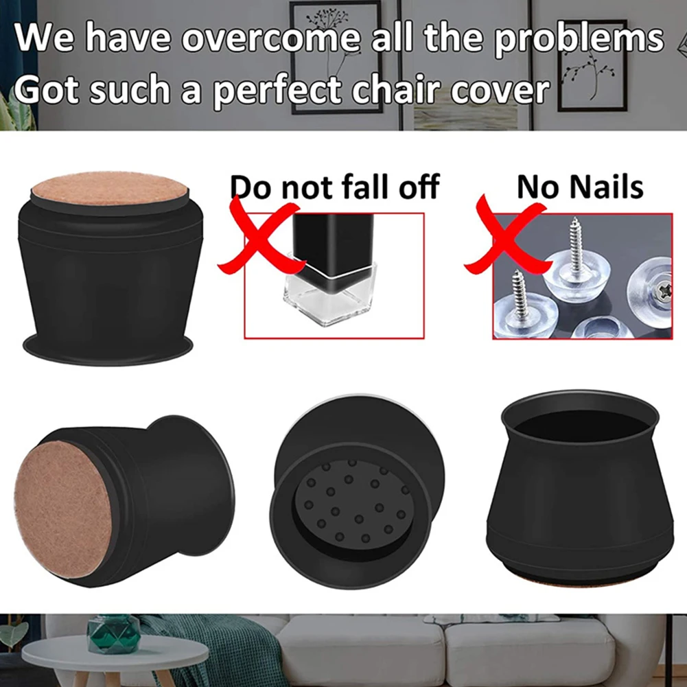 

16pcs Chair Leg Protector Felt Table Chair Feet Cover Round Balck Table Feet Cover Silicone Cap Pad Furniture Accessory