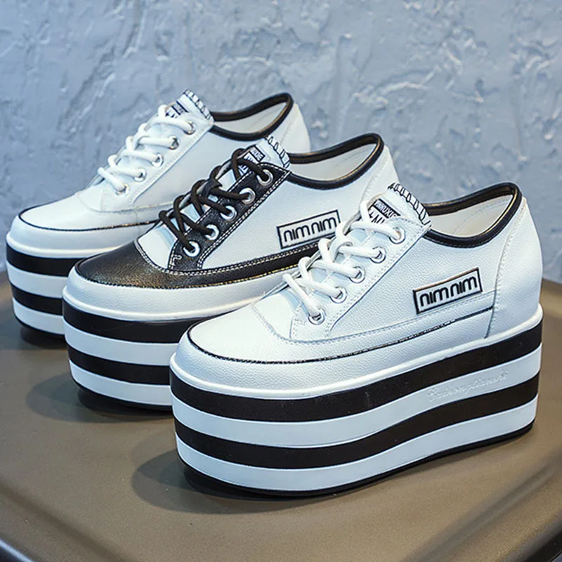 New Women Shoes 12cm Genuine Leather Platform Wedge Sneakers Chunky Hidden Heel High Women Casual Shoes Spring Summer Loafers