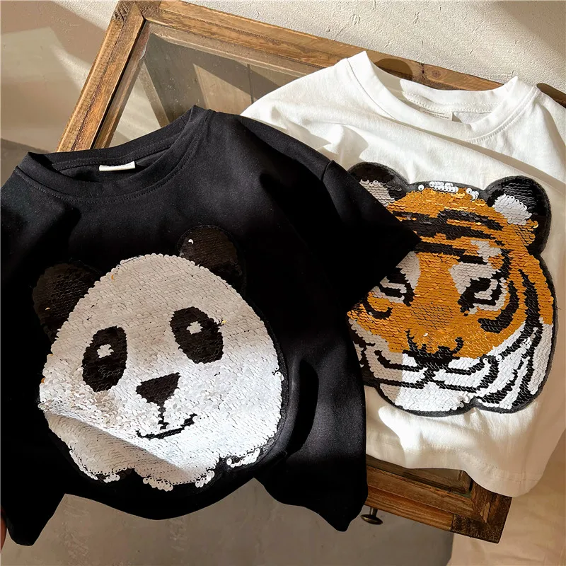 Chenma Children's Short Sleeve 2022 Summer New Cartoon Tiger Head Sequined Cotton T-shirt for Boys and Girls Baby's Top Fashion
