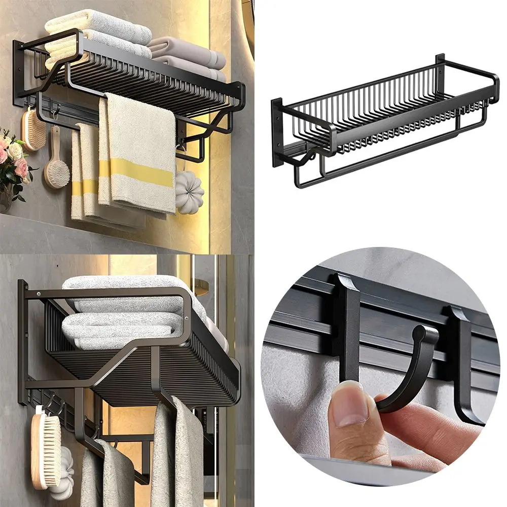 

2022 Fashion Towel Rack Bath Holder Bathroom Accessories Wall Mount Shower Hanger Towel Bar Storage Black Shelf