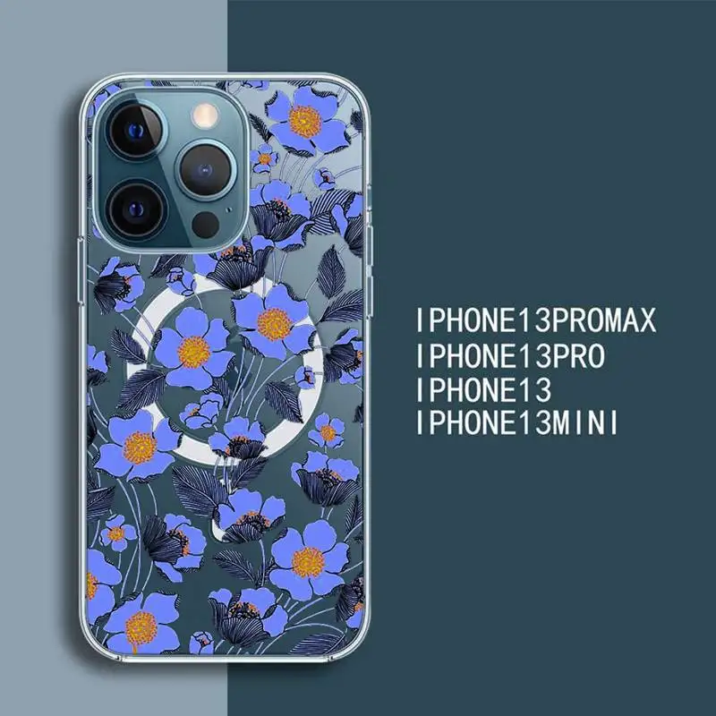 

Floral flower pattern Phone Case For iPhone 13 12 Mini Pro Max transparent Super Magnetic MagSafe Cover