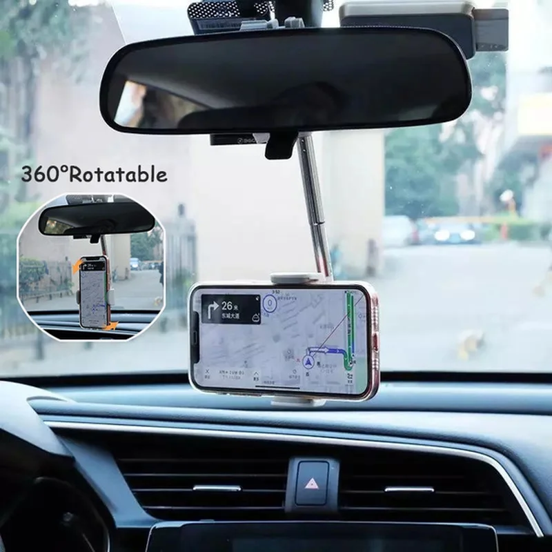 

Rearview Mirror Cell Phone holder in Car 360° Rotatable Car Telephone Support Stand Adjustable Telescopic Car Phone Holder Mount