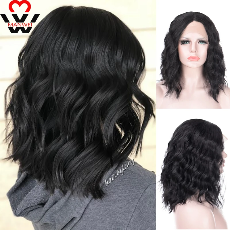 MANWEI Synthetic Wigs Short Water for Women Wavy Bob Black Brown Heat Resistant Fiber Center Point Lace Cosplay Hair