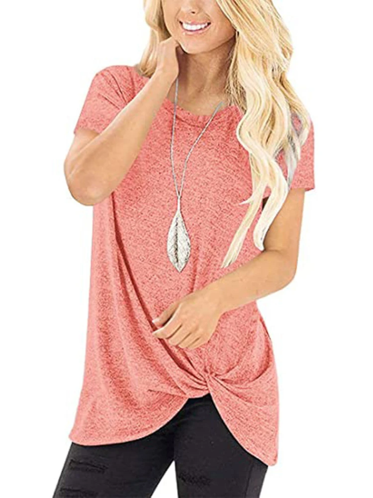 

Womens Short Sleeve Solid Round Neck Side Twist Knotted T Shirt Tops for Summer