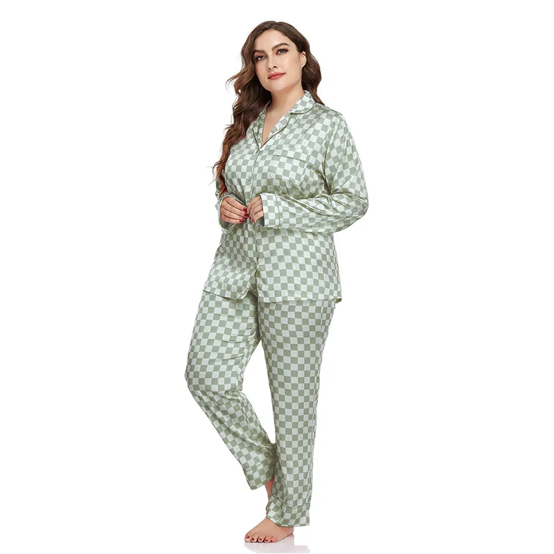 Ladies Plus Size Pajama Set Ladies Ice Silk Pajamas Homewear Cardigan Lapel Long Sleeve Pants Two Piece Set