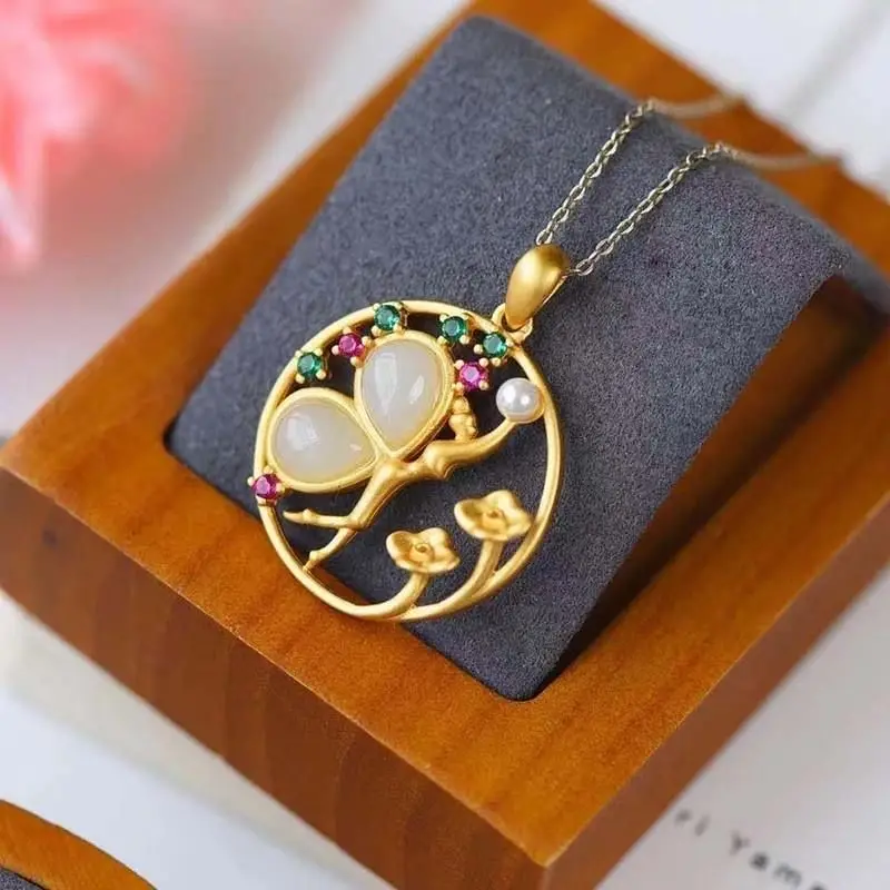 

SNew Silver Original Natural Hotan White Jade Zircon Pearl Butterfly Fairy Pendant Necklace Fresh Cute Women Brand Jewelry