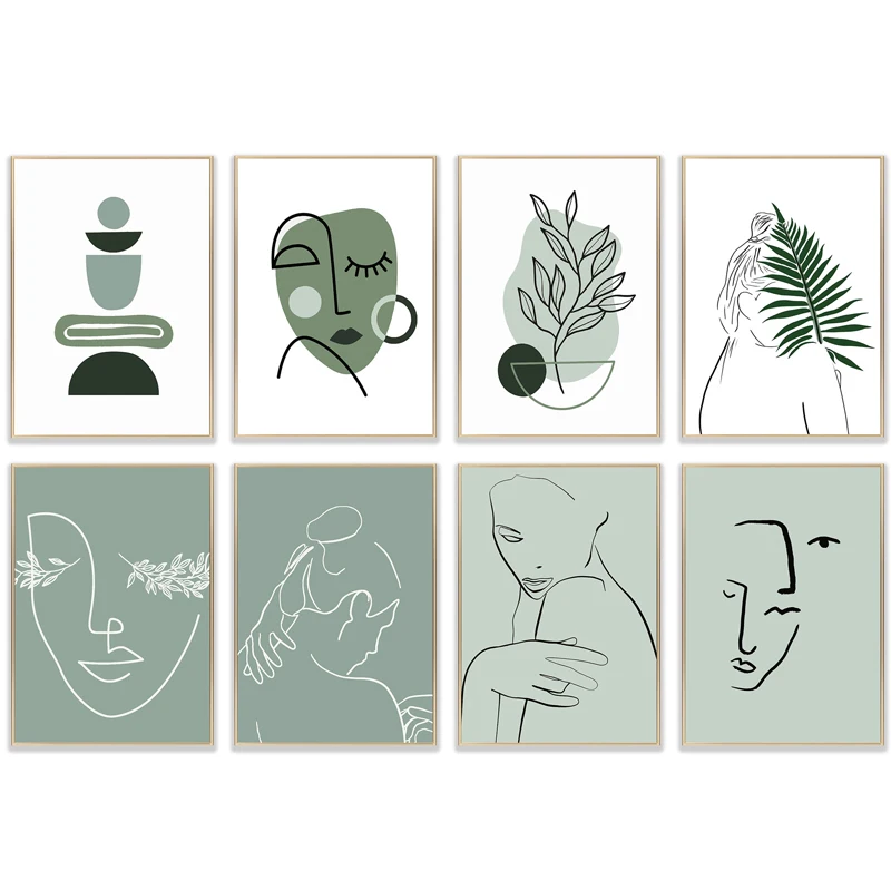 

Minimalist Green Woman Lines Canvas Painting Abstract Geometric Leaf Girl Poster Print Nordic Art Wall Pictures for Living Room