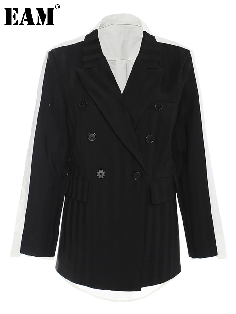 

[EAM] Women Irregular Spliced Black Back Long Blazer New Lapel Long Sleeve Loose Fit Jacket Fashion Spring Autumn 2022 1DD1210