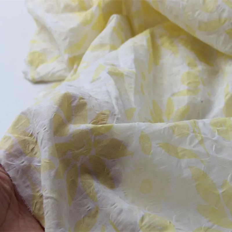 

100% Cotton Salt Shrinkage White Yellow Flower Floral Crepe Fine Thin Fabrics for DIY Summer Apparel Shirt Dress Skirt Craft