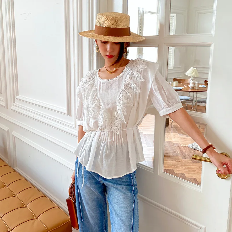 

2022 Summer Women Blouse Rayon O-neck Short Sleeves Folds Lace Smocking Stitch Shirt Casual Blouses Elegant Office Lady Shirts