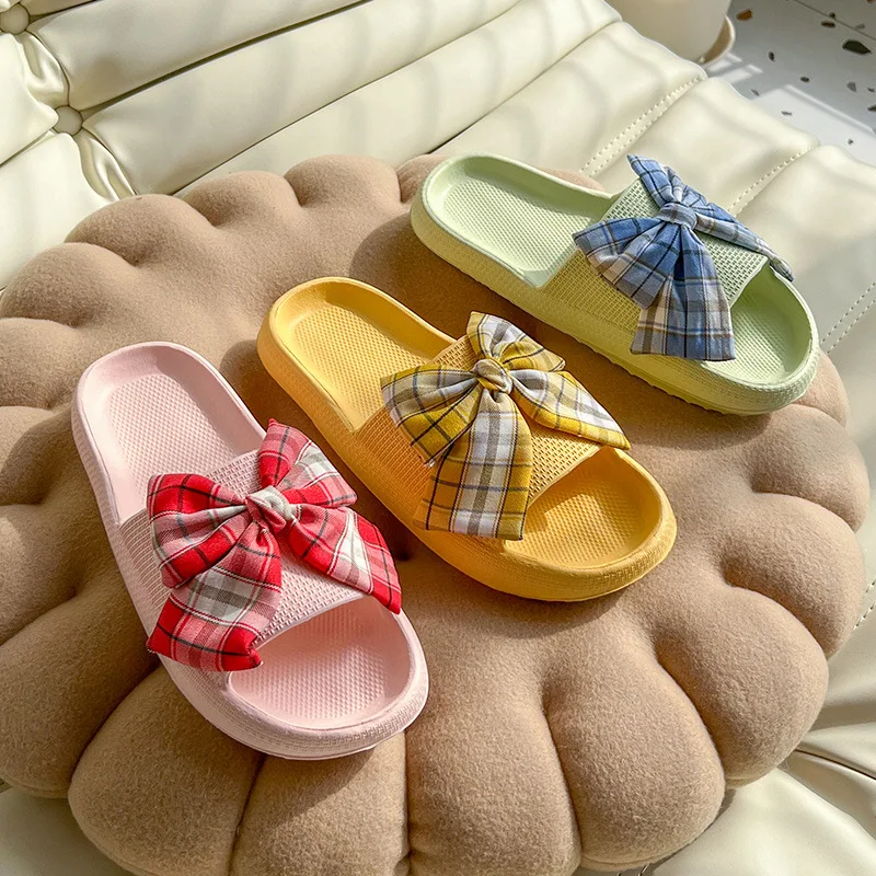 

Summer Women Slippers Plaid Bow Tie Indoor Non-slip Soft EVA Sole Casual Sandals with Platform Beach Home Slipper Ladies Shoes