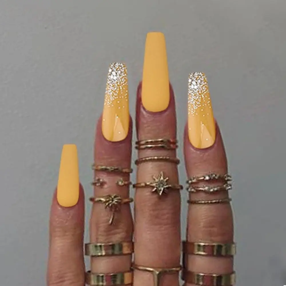 

24pcs Manicure DIY Pure Color Full Cover Fake Nails Glitter French Long Ballerina