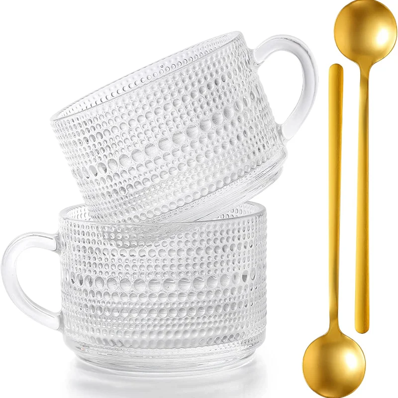 

2pcs Set Vintage Coffee Mugs, Overnight Oats Containers with Spoons - Clear Embossed Glass Cups,Ideal for Cappuccino,Tea,Latte