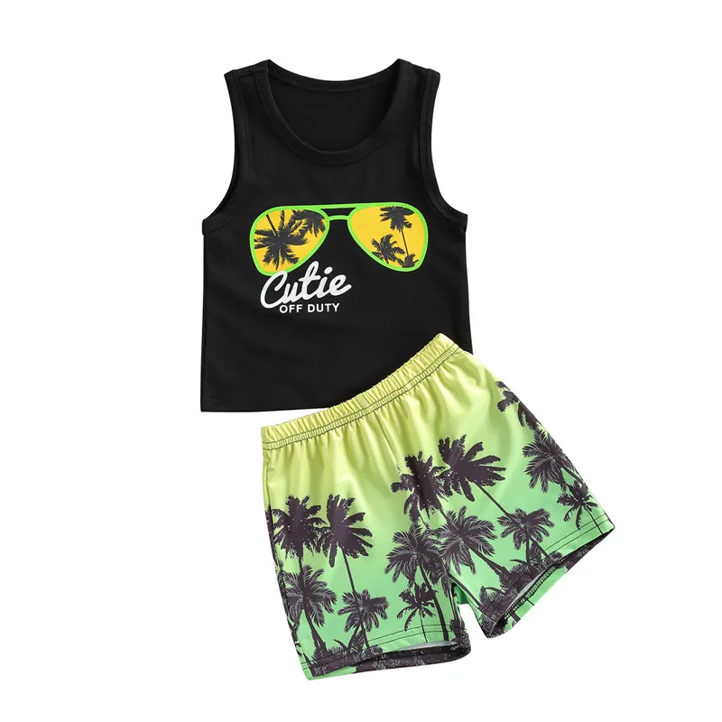 

Boy\u2019s Vest and Shorts Suit Fresh Letter Sunglasses Sleeveless Tops and Coconut Tree Short Pants