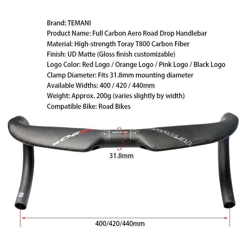 Фото Руль для шоссейного велосипеда TEMANI Full Carbon Aero, 400-440 мм, с внутренней проводкой тросов, для соревнований №2