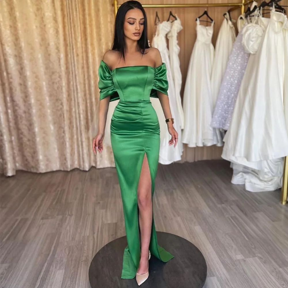 

Зеленое Атласное плиссированное платье-Русалка с высоким Боковым Разрезом и открытыми плечами для выпускного вечера, свадебные платья, пла...