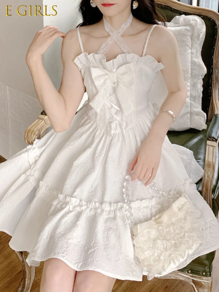 

E GIRLS Summer White Strap Kawaii Dress Women Sexy Fairy Party Mini Dresses Sweet Designer Bow Chic Korean Fashion Dress 2022