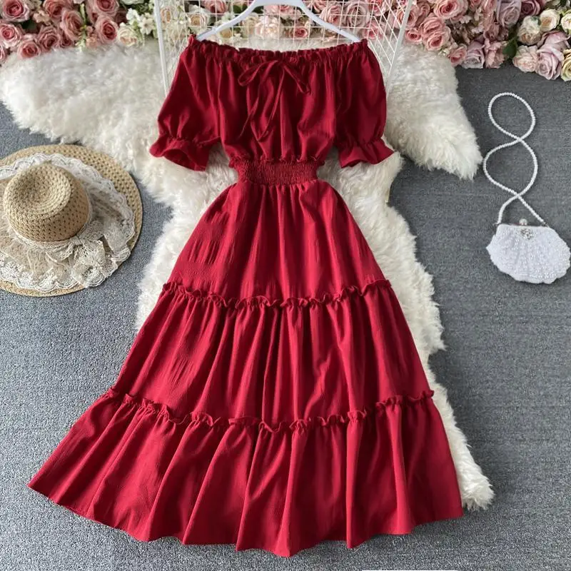 

2022 Spring Summer Vintage Puff Sleeve Dress A Line Slash Neck Chiffon Pullover Mid-Calf Women Dresses Elastic Waist Black