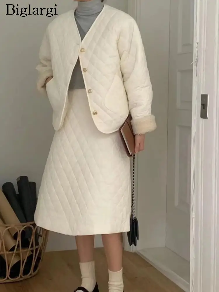 

Autumn Winter Plaid Padded Cotton Furry 2 Two Piece Set Women V-Neck Modis Ladies Coat A-Line Korean High Waist Woman Skirt 2023