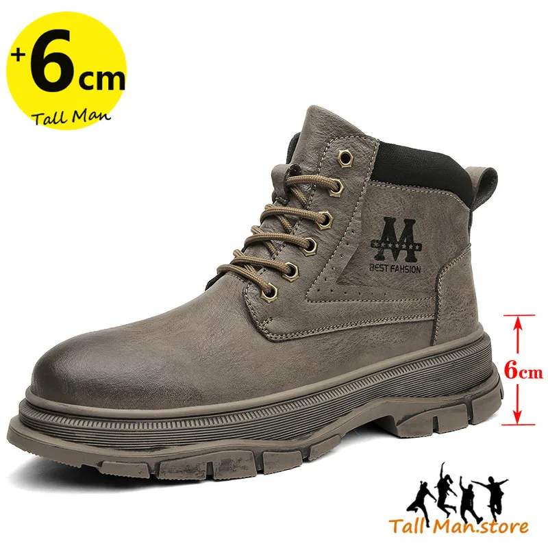 

Leather Man Boots Elevator Shoes Height Increase Shoes for Men Insole 6CM Leisure Black Outdoor