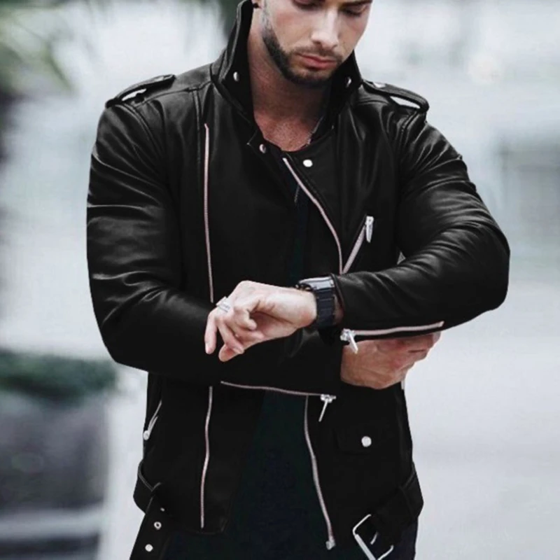

Мужская Асимметричная кожаная куртка, черная однотонная куртка на молнии с длинными рукавами, весна 2022