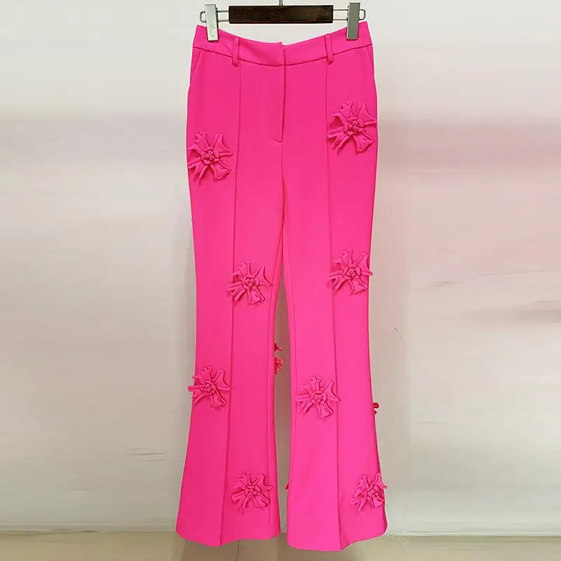 High Quality Three-Dimensional Flower Decoration Micro Flare Trousers Pink Pants Elegant Women Suit Pants Brand Clothes 4XL 2023