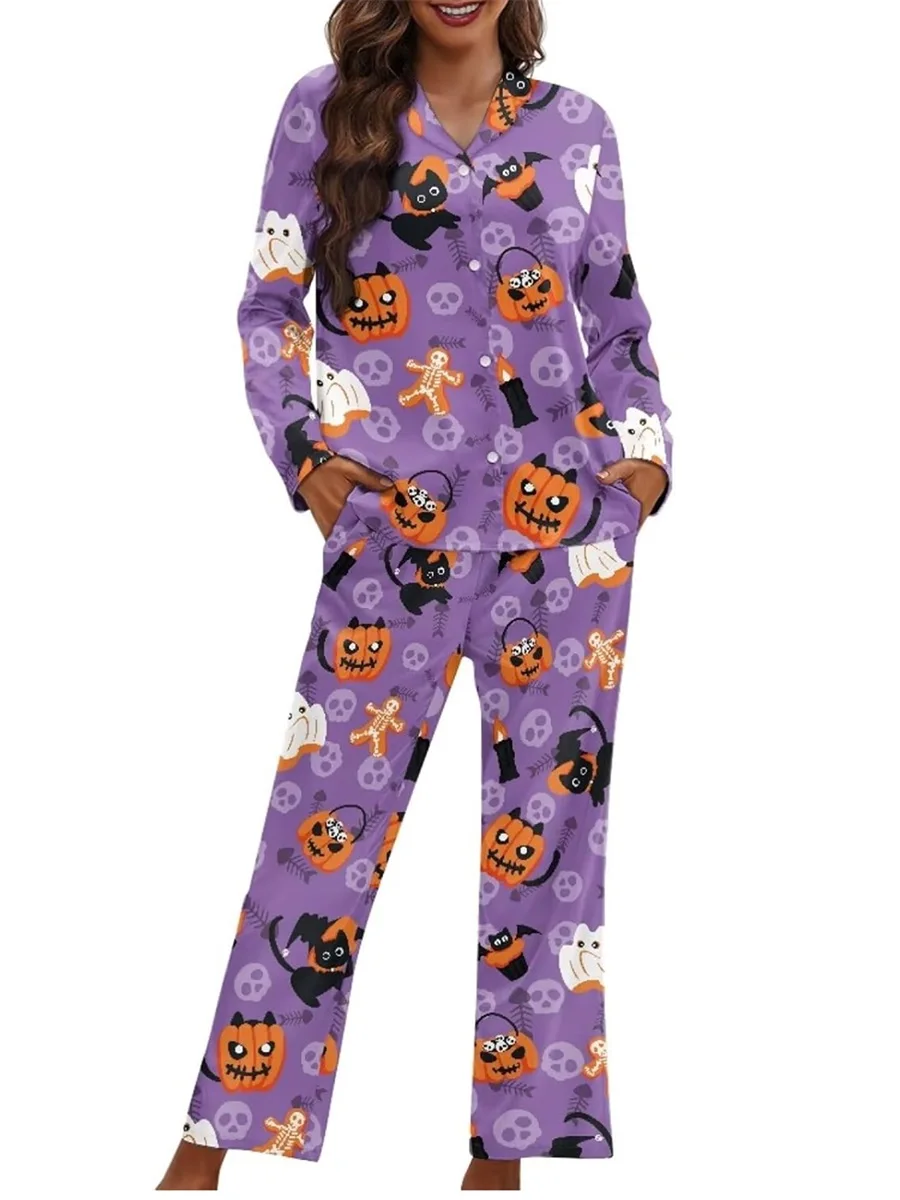 Women’s 2 Piece Halloween Pajama Set Long Sleeve Cartoon Print Button Up Shirt Pants Loungewear