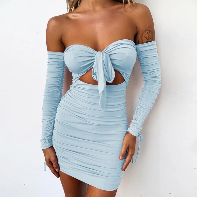 

2021 Autumn Fashion Sexy Breast-wrapped Dress Female One-word Collar Long-sleeved Tie Folds Hip Skirt New Women's Short Skirt