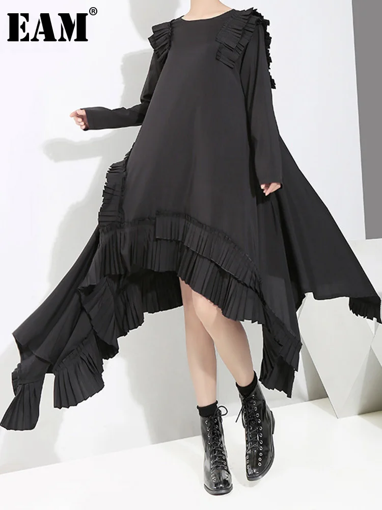 

[EAM] Women Black Irregular Hem Ruffles Dress New Round Neck Long Sleeve Loose Fit Fashion Tide Spring Autumn 2023 JI045