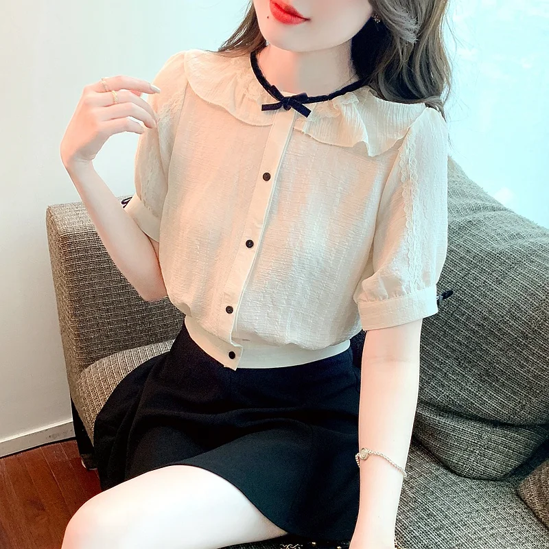 Женская летняя повседневная Тонкая блузка модная новинка 2023 рубашка с коротким
