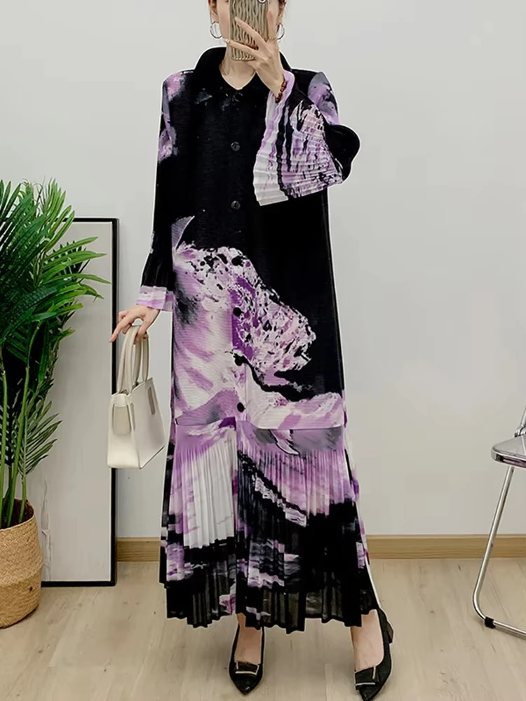 ANLAN винтажное плиссированное платье с принтом для женщин однобортное длинное