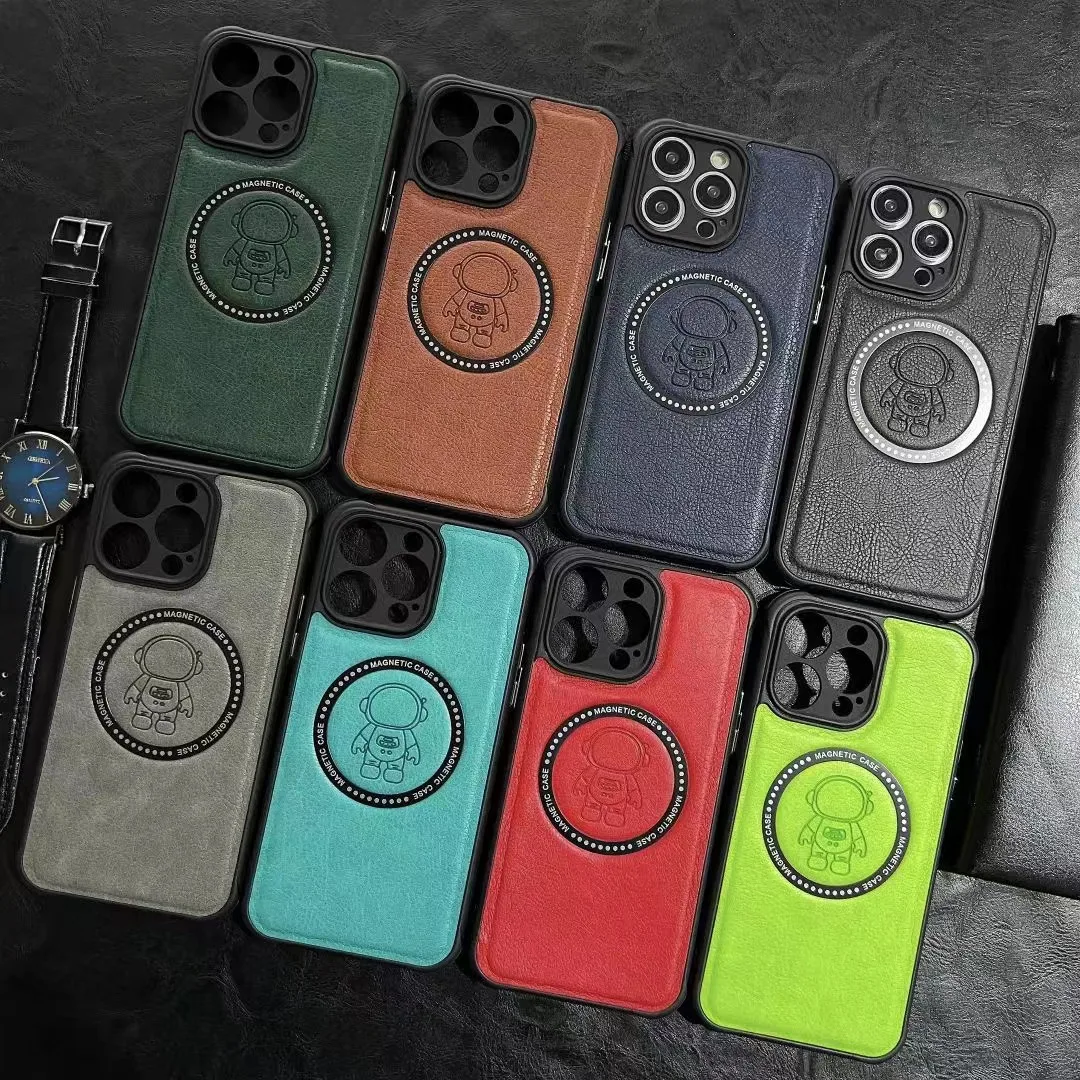

High-end luxury leather astronaut for iPhone case 14 13 12 11 Pro Max magnetic wireless charging case