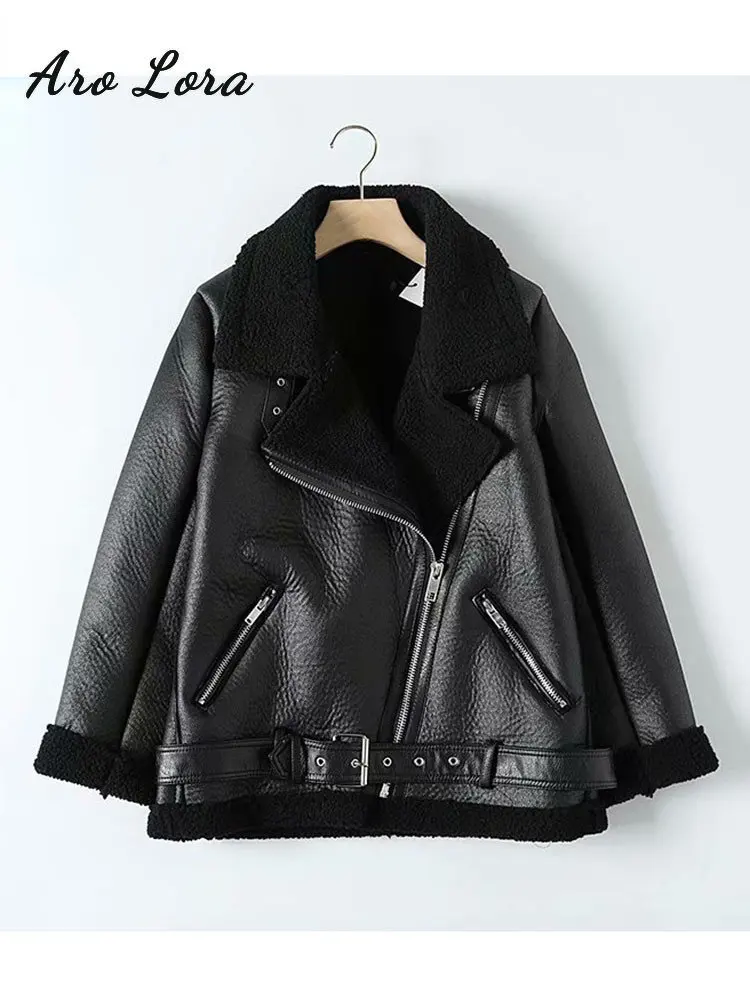 

Fur Coat Locomotive Retro with Belt Riding Winter Women's Jacket Long-sleeved Lapel Padded Warm Black Zip Chic Female Coat Tops
