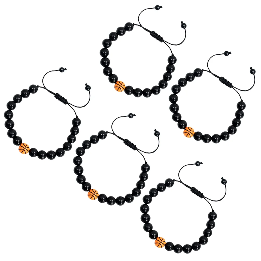 

5 Pcs Beads Bracelets Sports Themed Glass Beaded Basketball Style Men Unique Fake Obsidian Elements