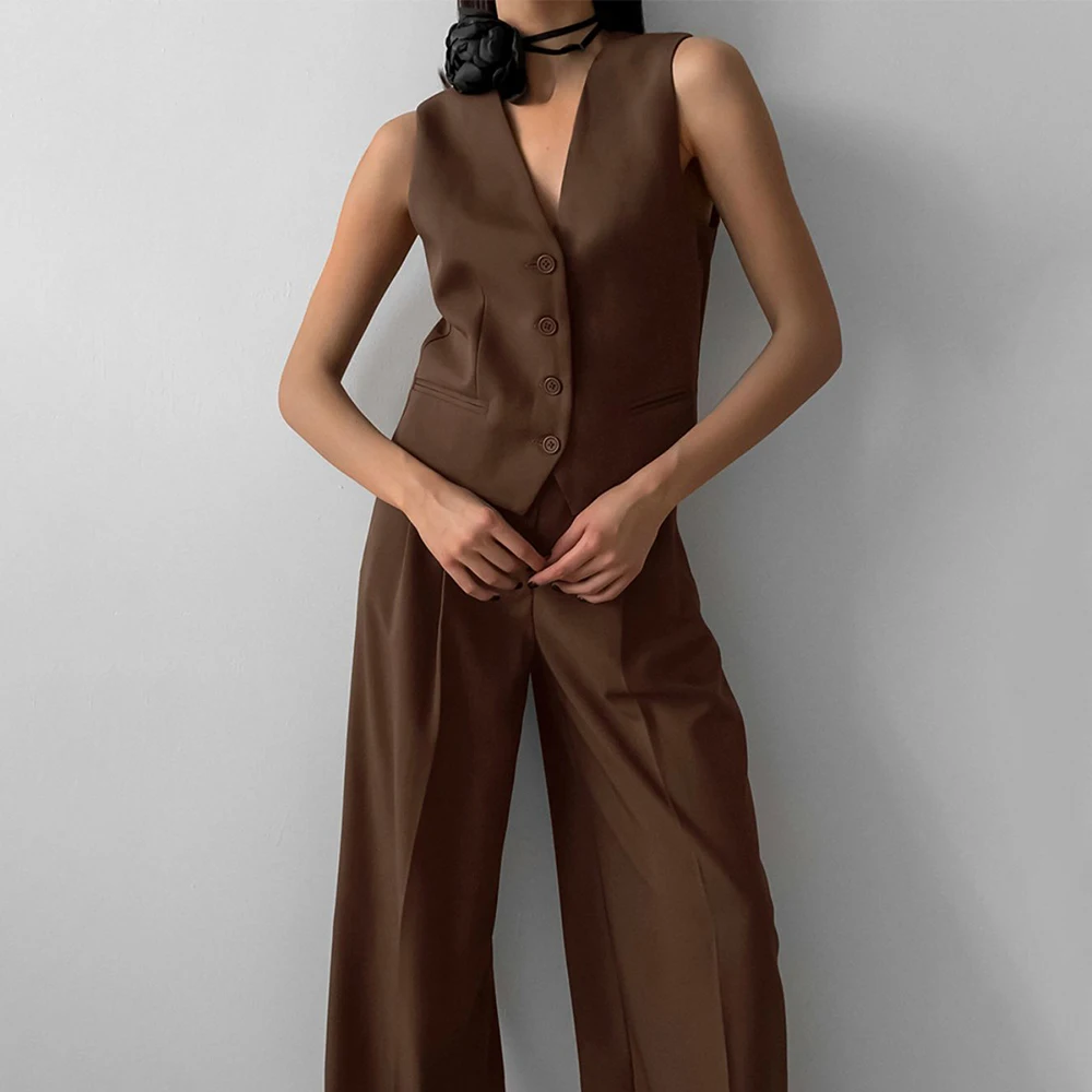 Винтажный коричневый брючный комплект для женщин элегантный офисный женский