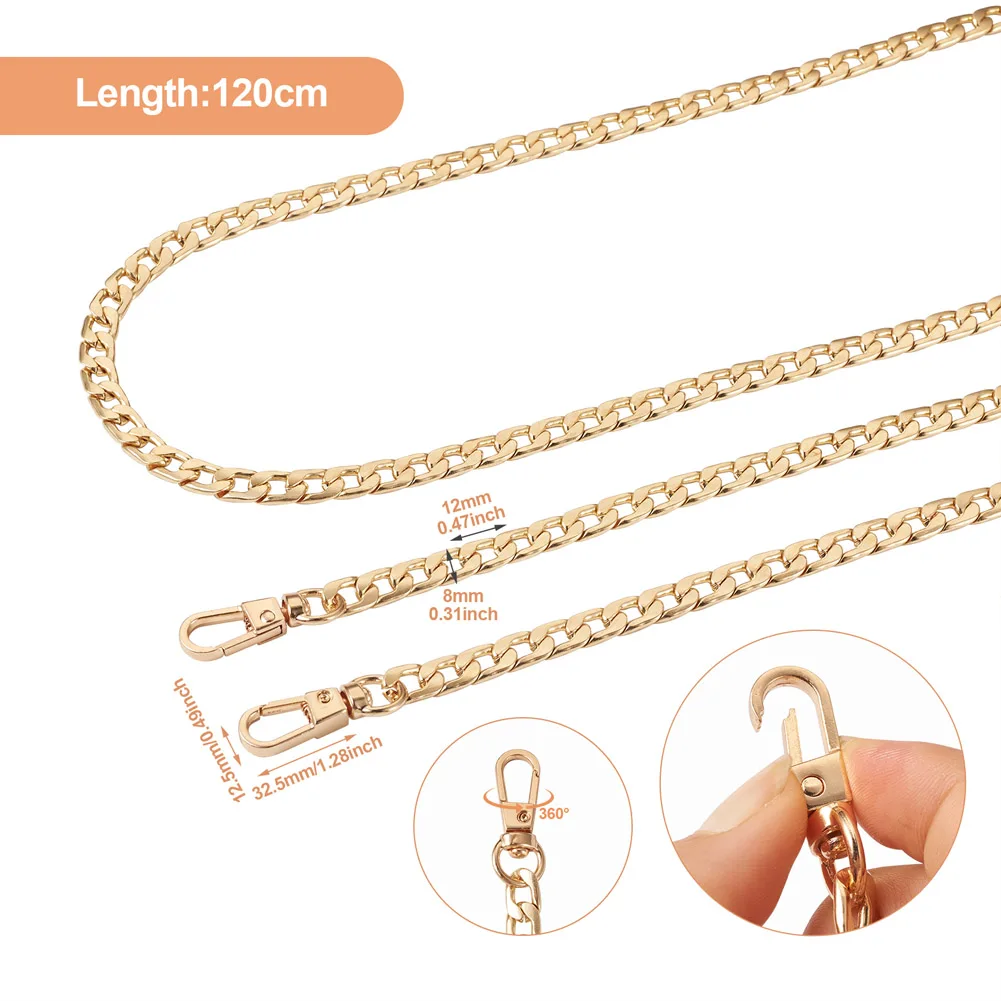 3pcs 1.2m Golden Alloy Curb Chain Bag Straps with 6pcs Alloy Spring Gate Rings Buckle Shoulder Strap Bag Replacement Accessories