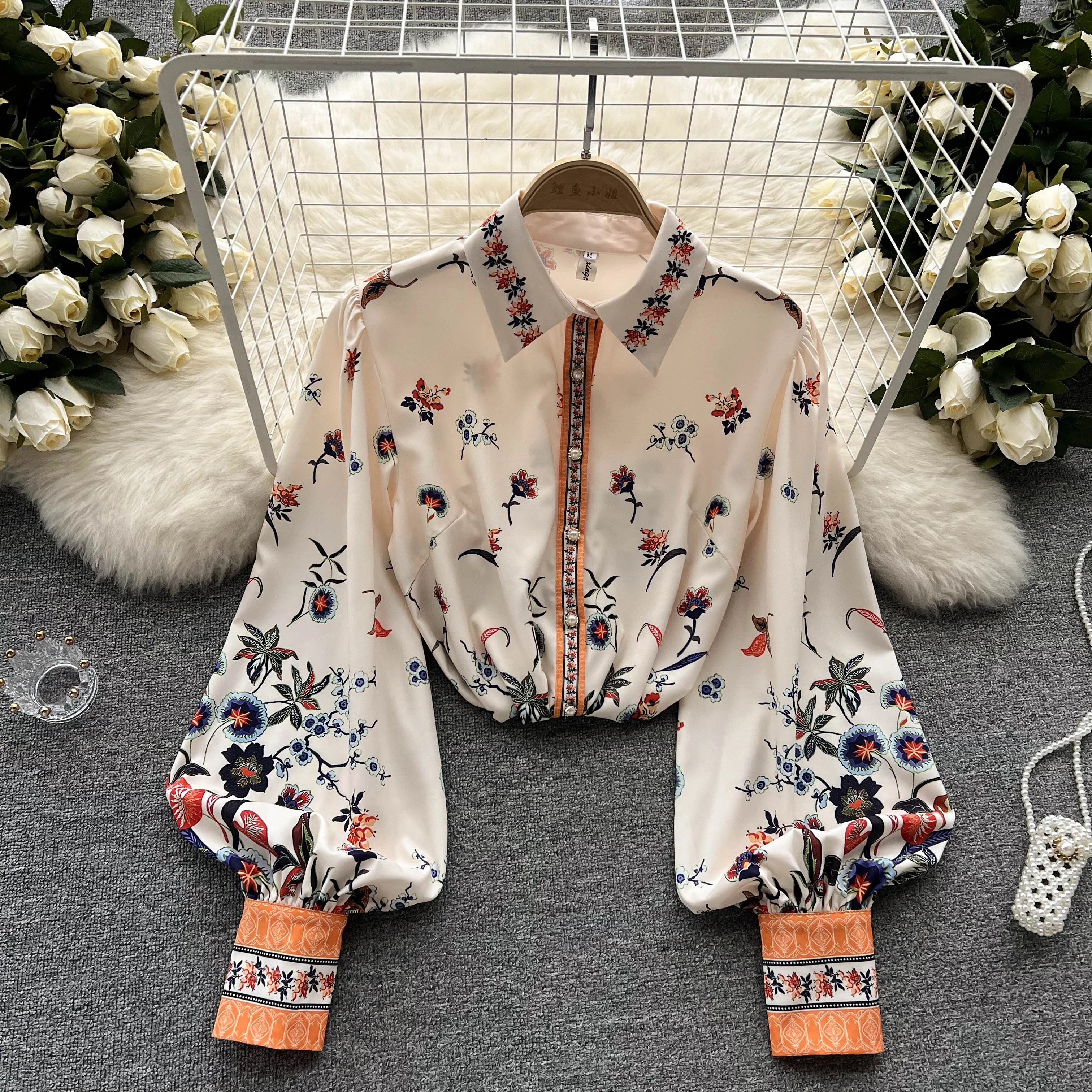 

Minority Loose Design Sense National Style Printing Design Sense Long Sleeve Sunscreen Shirt Women's Bubble Sleeve Blouse