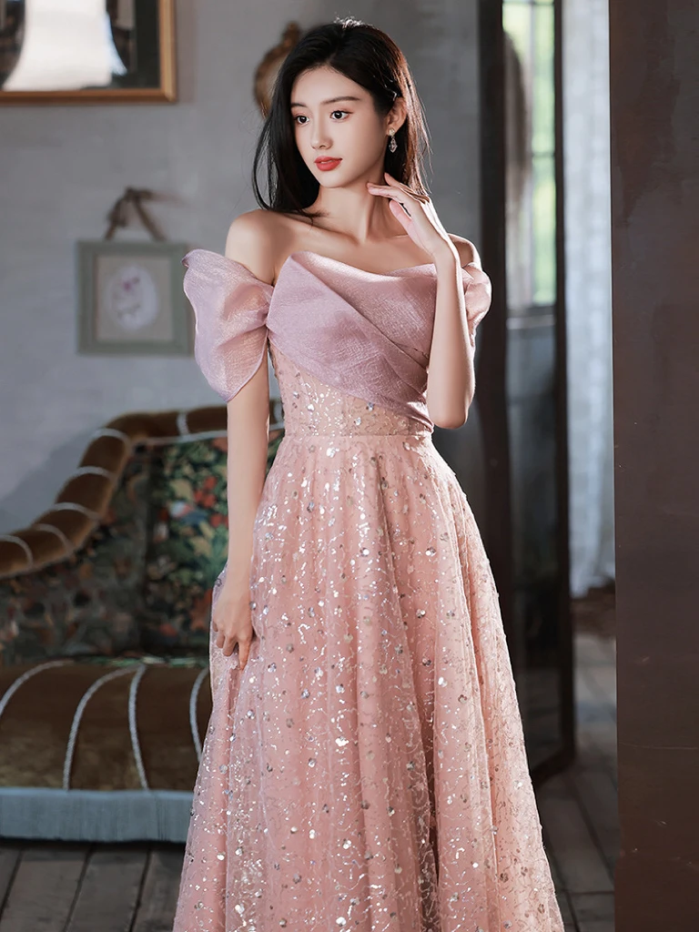 

Pink Cocktail Dresses Shiny Sequin Elegant Off Shoulder Long A-Line Luxury Lace Engagement Evening Wedding Party Toast Gowns New