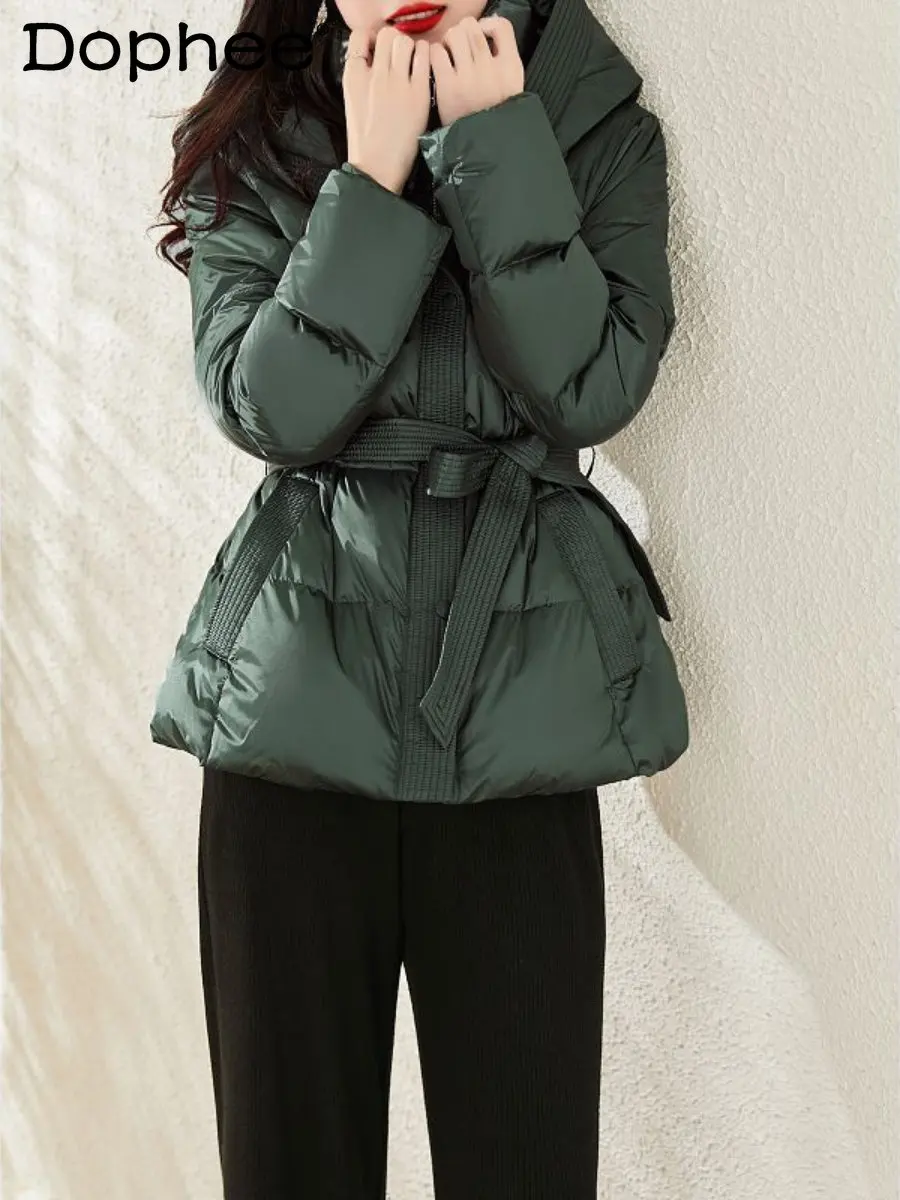 

2022 Autumn Winter New Luxury French Retro Lace Up Hooded Cotton Jacket Women Thick Warm Slim-Fit Down Jacket Coat Female Casaco