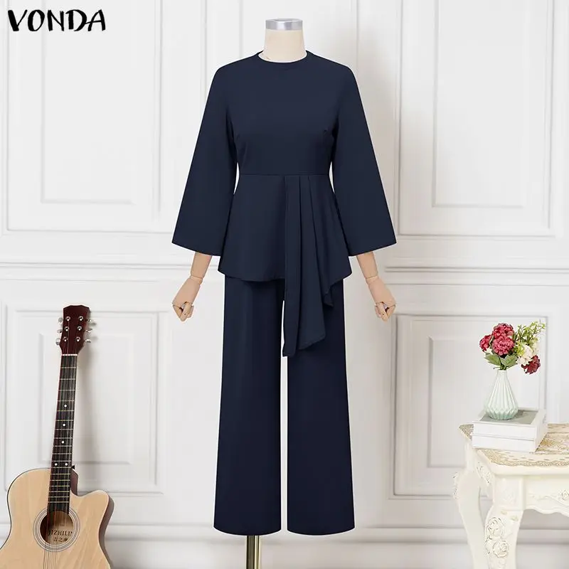 Фото Модный комплект VONDA больших размеров 5XL: женский летний повседневный элегантный офисный костюм из 2 предметов – топ с рукавом 3/4 и брюки с широкими штанинами №2