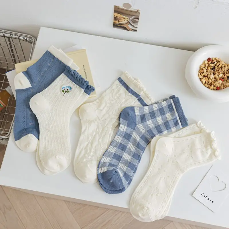

Hollow Mesh Breathable Japanese Kawaii Cute Long Socks New Spring Summer Blue Socks Women Embroidery Retro Harajuku Crew Socks