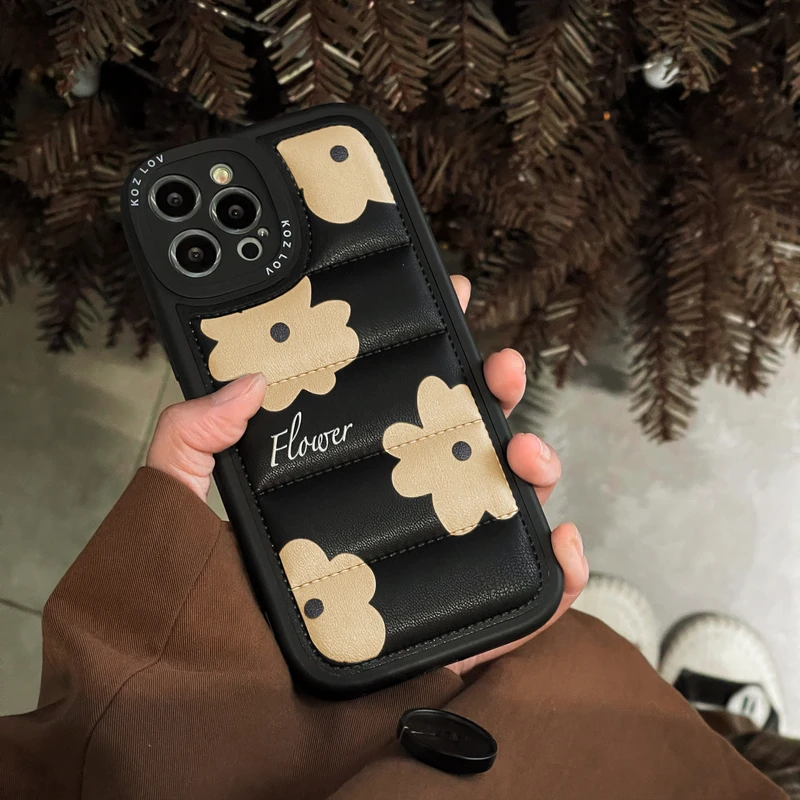 

Luxury Leather Down Jacket Puffer Phone Case For iPhone 11 12 13 Pro Xs Max Xr X 7 8 Puls SE Cute Flowers Shockproof Back Cover