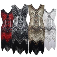 popular womens clothing 2022 retro style sequin beaded front and rear v neck fashion evening dress fringed skirt