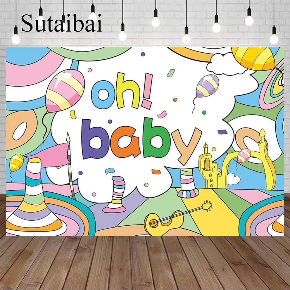 

Adventure Baby Shower Backdrop Blue Sky White Clouds Balloons Photography Background for Kids Babie Party Decor Oh Baby Banner