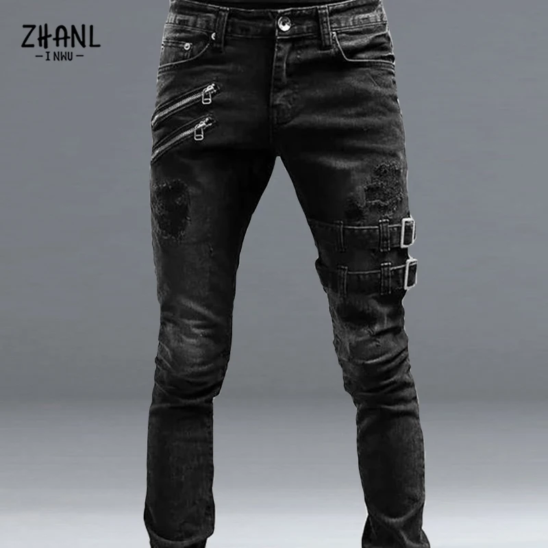 New Men's Jeans Stretch Slim Pencil Pants Four Seasons Casual Denim European and American Fashion Casual Metal Sheet Men's Jeans