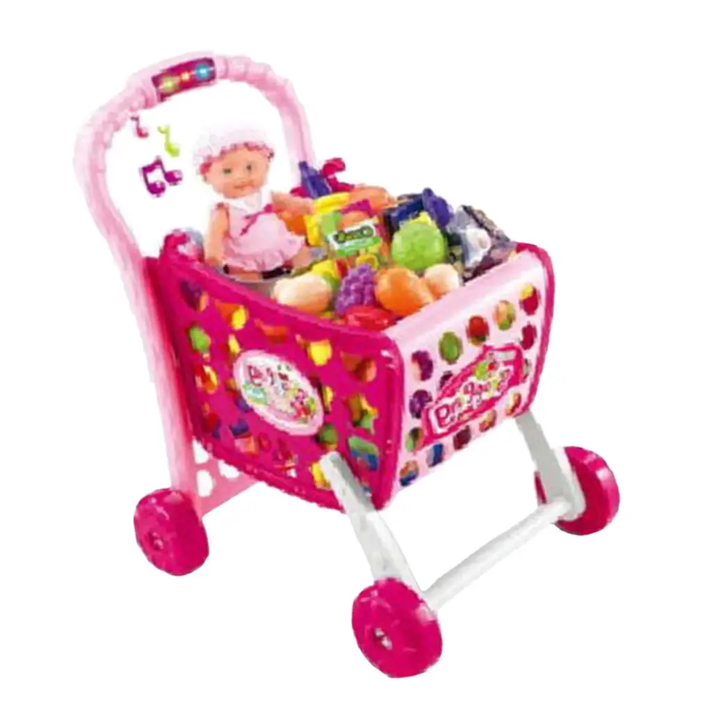 

Lifelike Baby Doll Supermarket Cart with Fruits Model Toy for 80cm Dolls Play House Accessories Pink