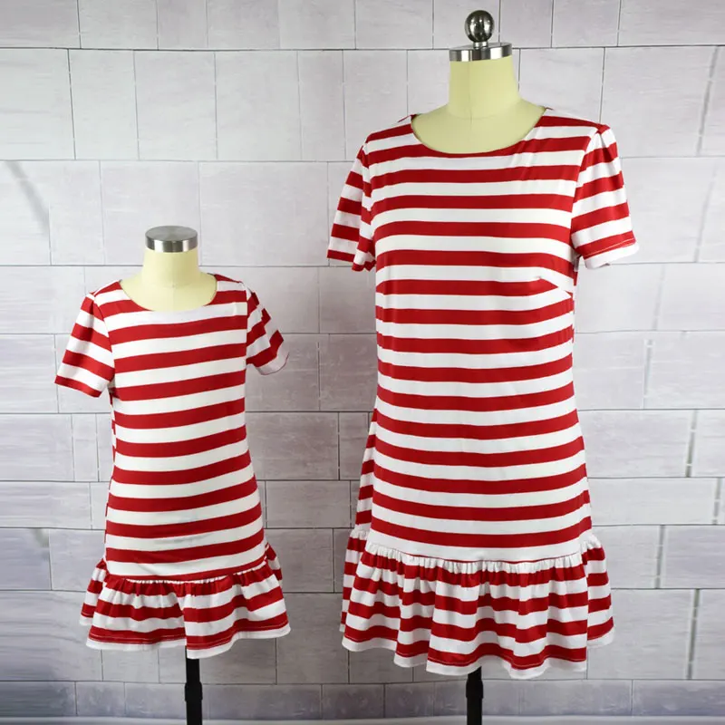 

Family Matching Dress Mother Daughter Dresses Short Sleeve Red White Striped Outfits Mother Kids Girl Matching Family Clothes