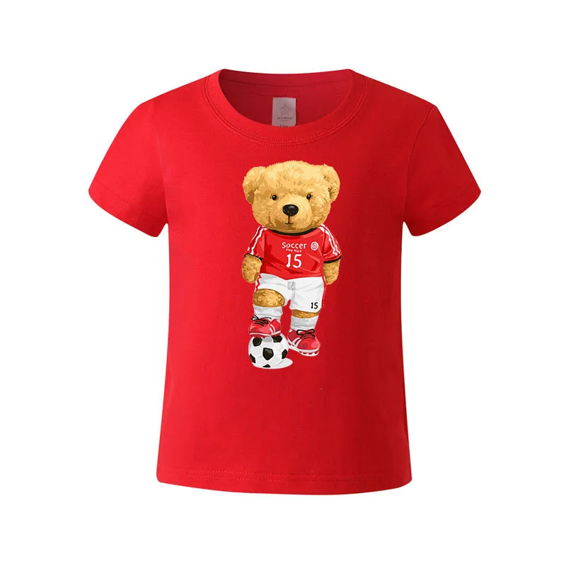 

Children Football Teddy Bear Print تي شيرتات Fashion T shirt Boys And Girls 100% Cotton Short Sleeve Top Summer Kids Clothes New