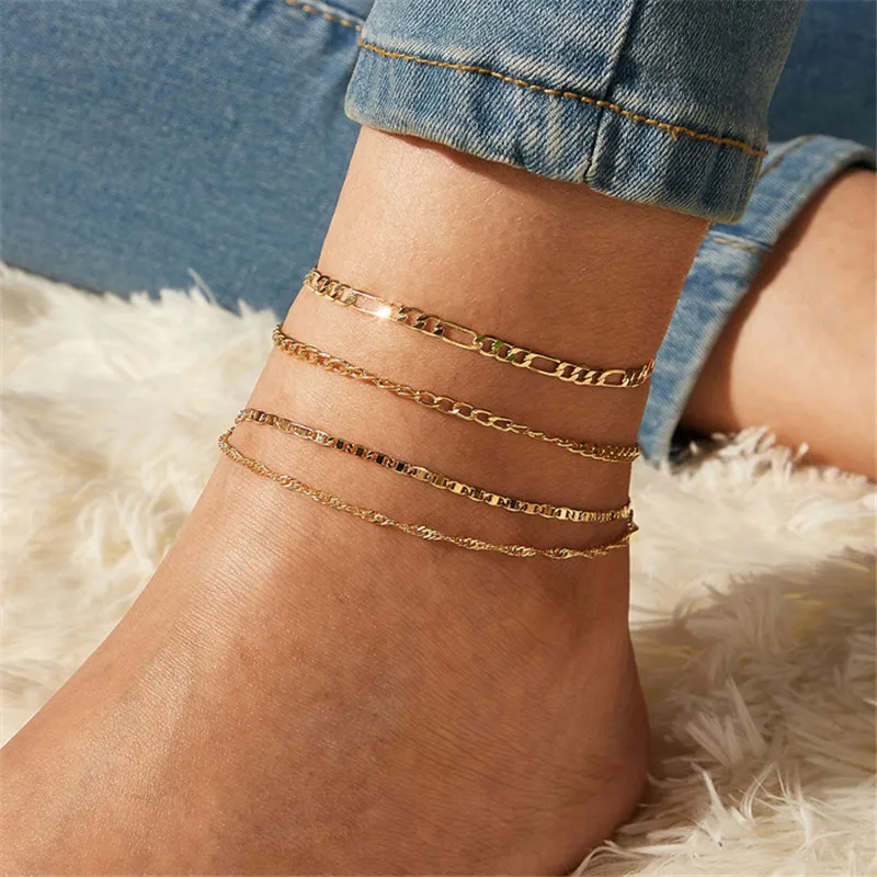 

TOBILO BOHO 4pcs/set Fashion Gold Color Anklets Set for Women Multilayer Chain Anklet Foot Bracelet Beach Anklet Jewelry